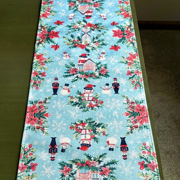 Vintage Style Snowman Toy Soldiers Village Christmas Flowers Linen Table Runner - Picture 7 of 7